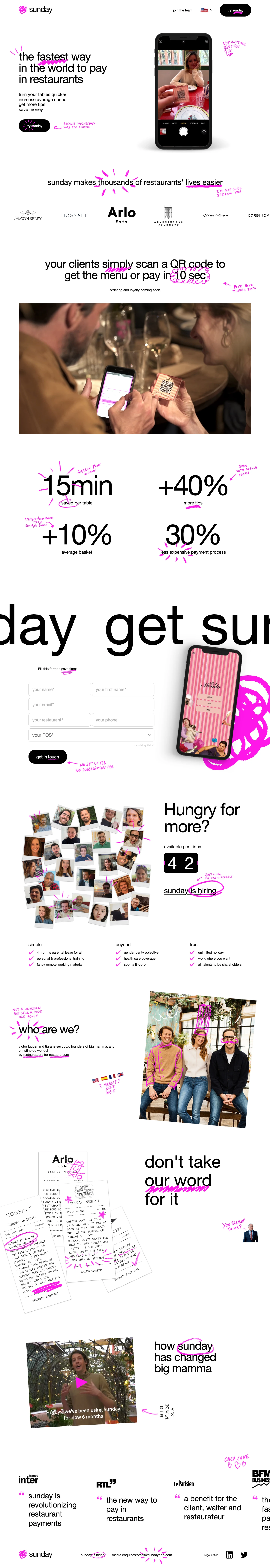 Sunday Landing Page Example: The fastest way in the world to pay in restaurants. turn your tables quicker increase average spend, get more tips, save money.