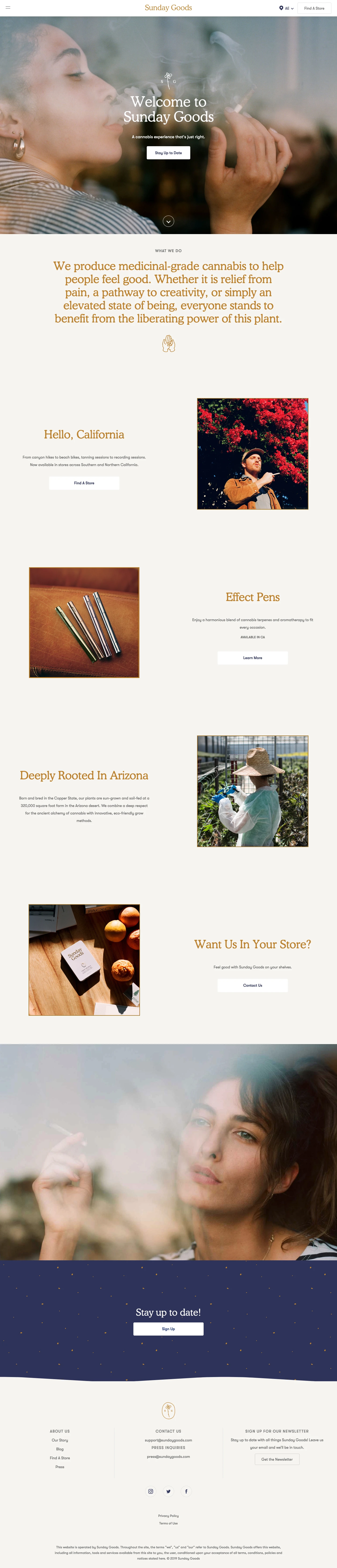 Sunday Goods Landing Page Example: We produce medicinal-grade cannabis to help people feel good. Whether it is relief from pain, a pathway to creativity, or simply an elevated state of being, everyone stands to benefit from the liberating power of this plant.