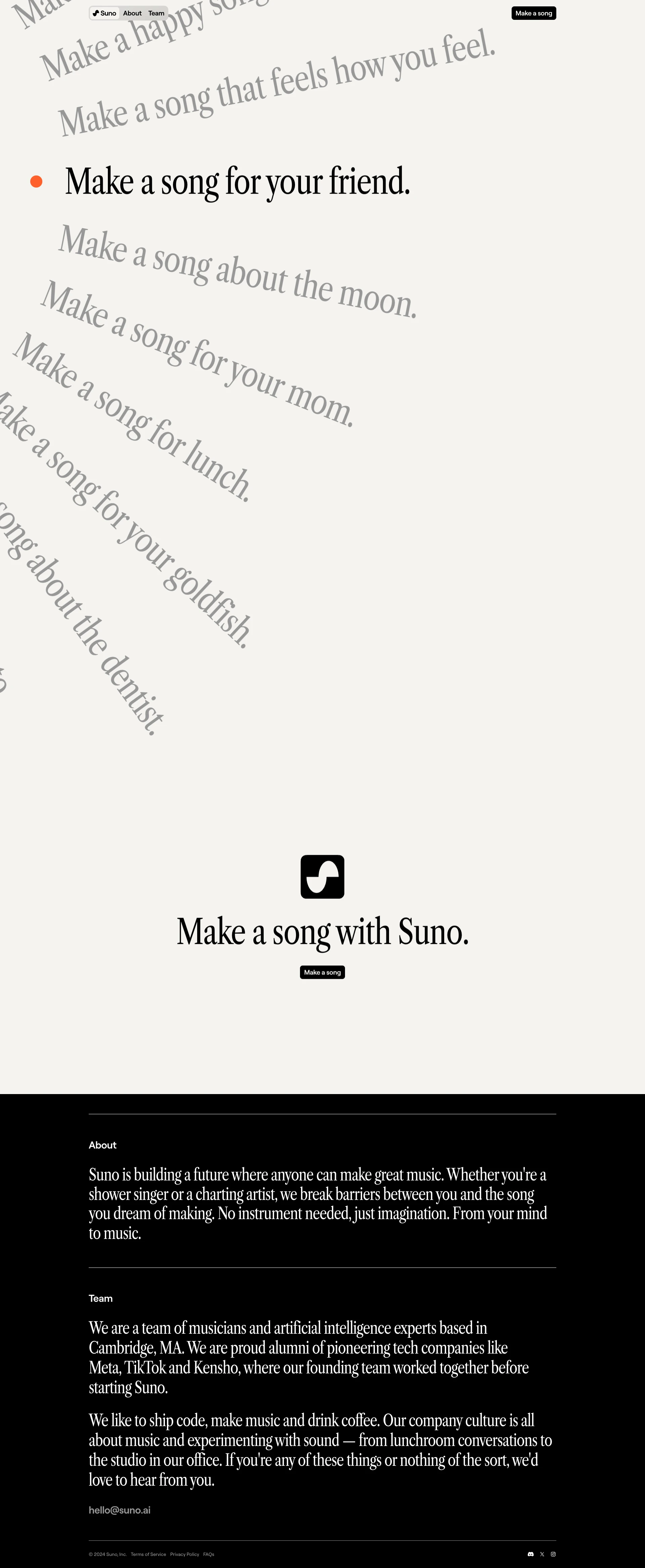 Suno AI Landing Page Example: We are building a future where anyone can make great music. No instrument needed, just imagination. From your mind to music.