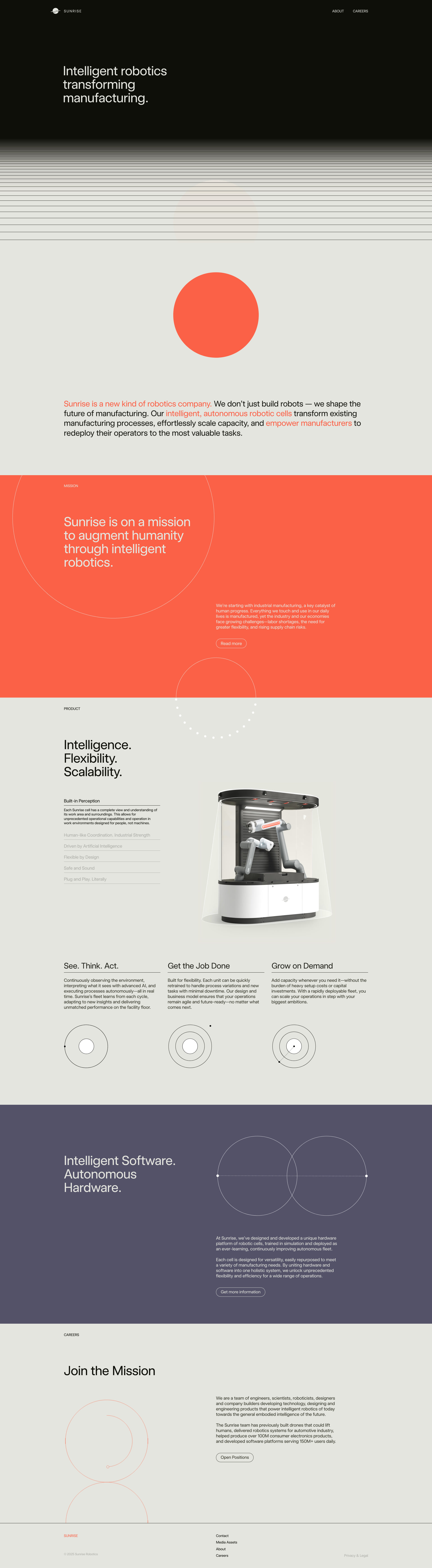 Sunrise Robotics Landing Page Example: Sunrise is a new kind of robotics company. We don’t just build robots — we shape the future of manufacturing. Our intelligent, autonomous robotic cells transform existing manufacturing processes, effortlessly scale capacity, and empower manufacturers to redeploy their operators to the most valuable tasks.