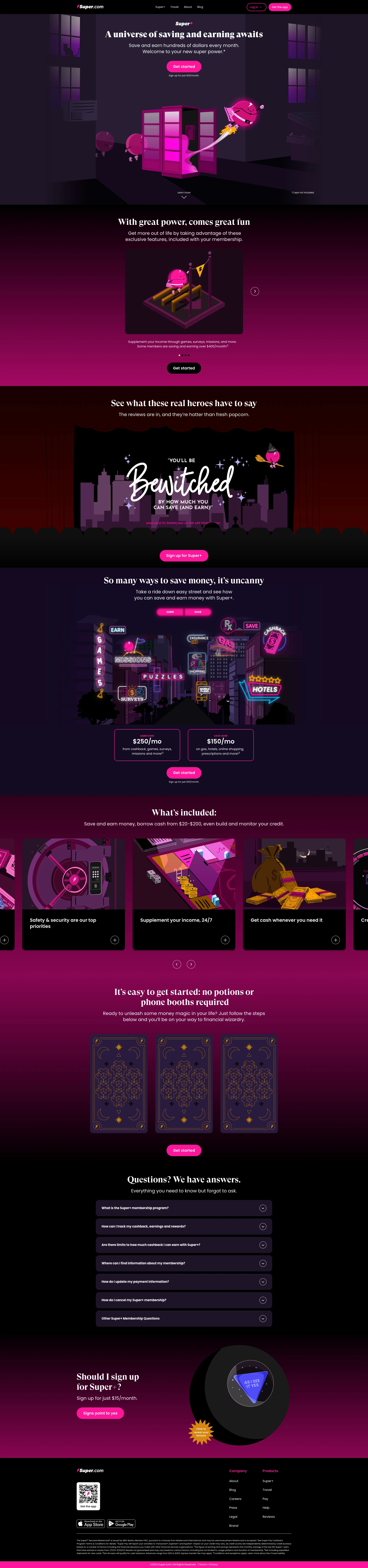 Super Landing Page Example: Through rich rewards and everyday savings, Super helps you access more of what you want at better prices, escape overspending, and level up life.