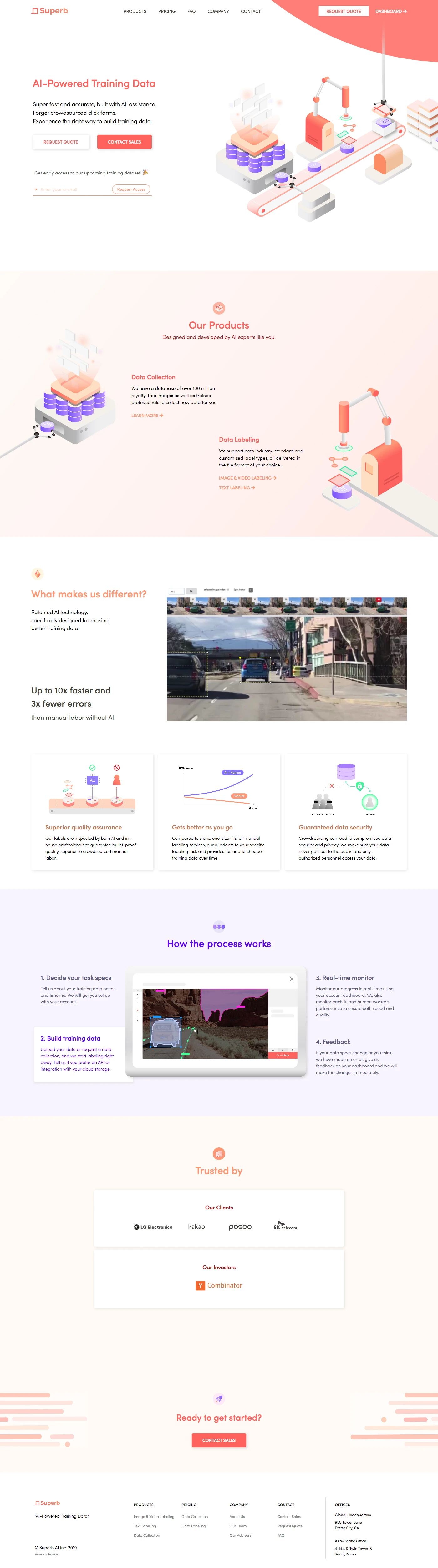 Superb AI Landing Page Example: Uses AI to customize your training data, all the way from raw data collection to labeling up to 10x faster than manual labor. Stop wasting your time. Save weeks of your work.