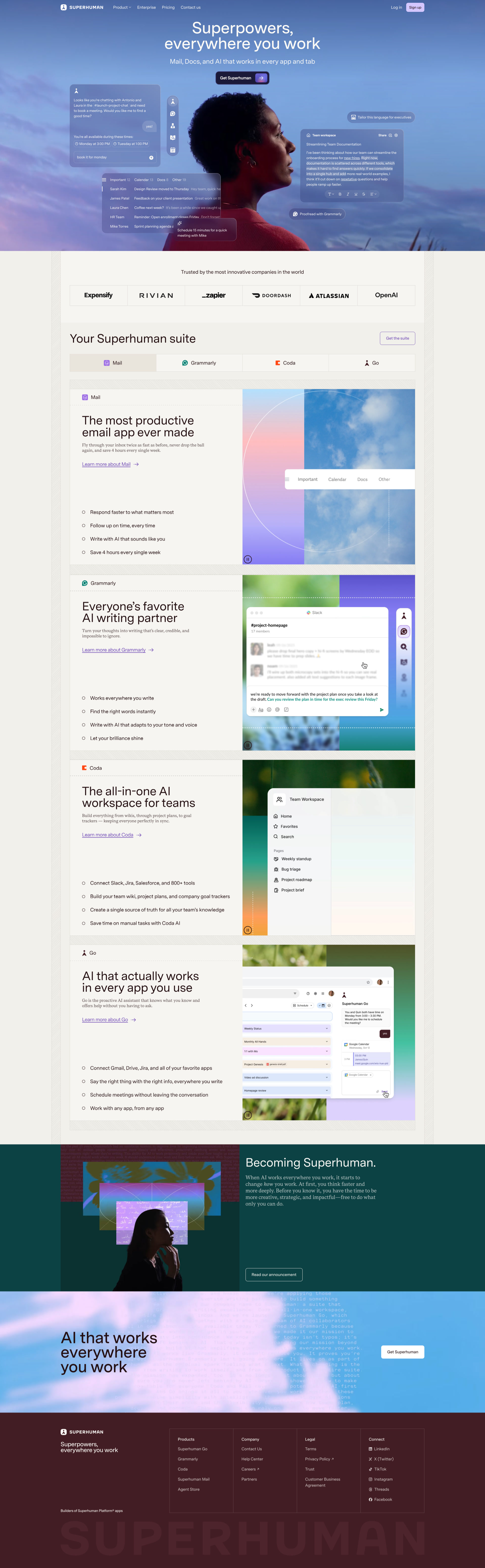 Superhuman Landing Page Example: Superhuman is the AI productivity suite that gives you superpowers everywhere you work. So you can be more creative, strategic, and impactful.