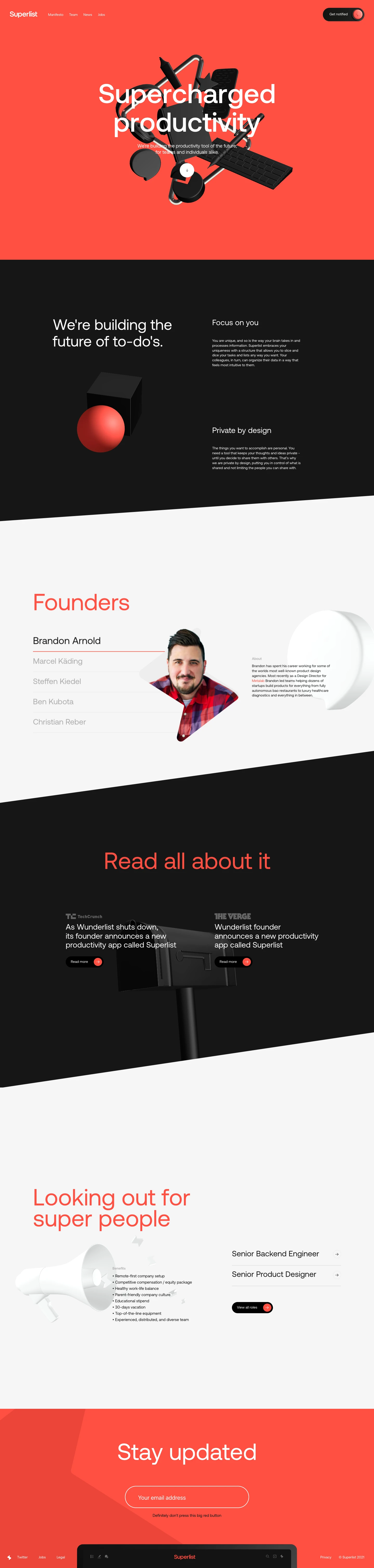 Superlist Landing Page Example: We're building the productivity tool of the future; for teams and individuals alike