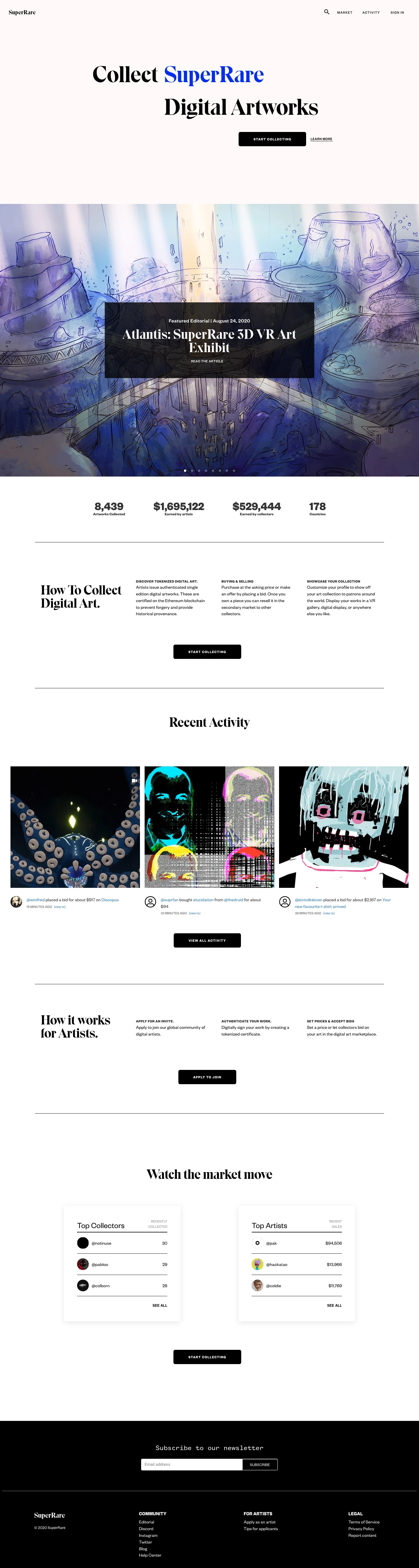 SuperRare Landing Page Example: SuperRare is the digital art marketplace on Ethereum. Each artwork is authentically created by an artist in the network, and tokenized as a crypto-collectible digital item that you can own and trade. It’s where magic internet art meets magic internet money.