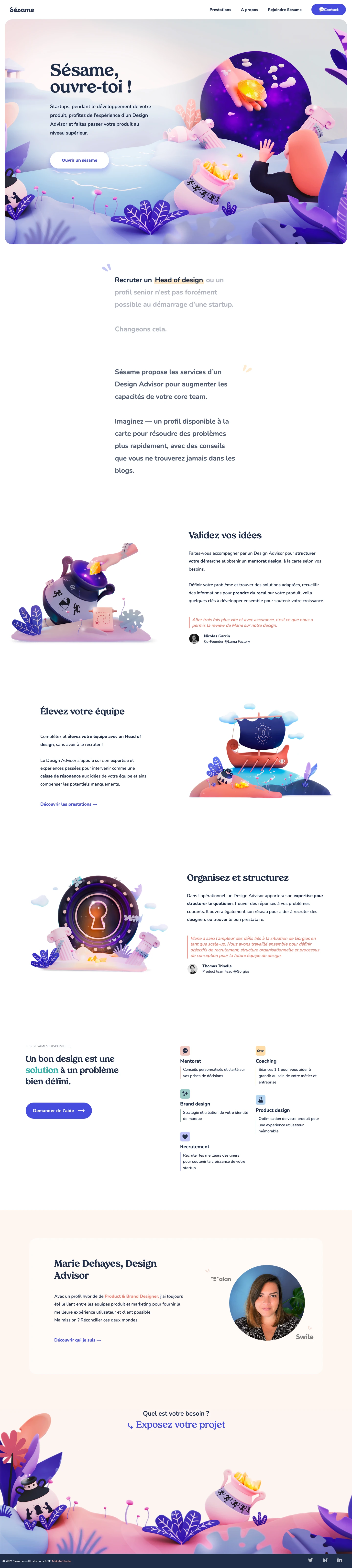 Sésame Landing Page Example: Startups, during the development of your product, benefit from the experience of a Design Advisor and take your product to the next level.