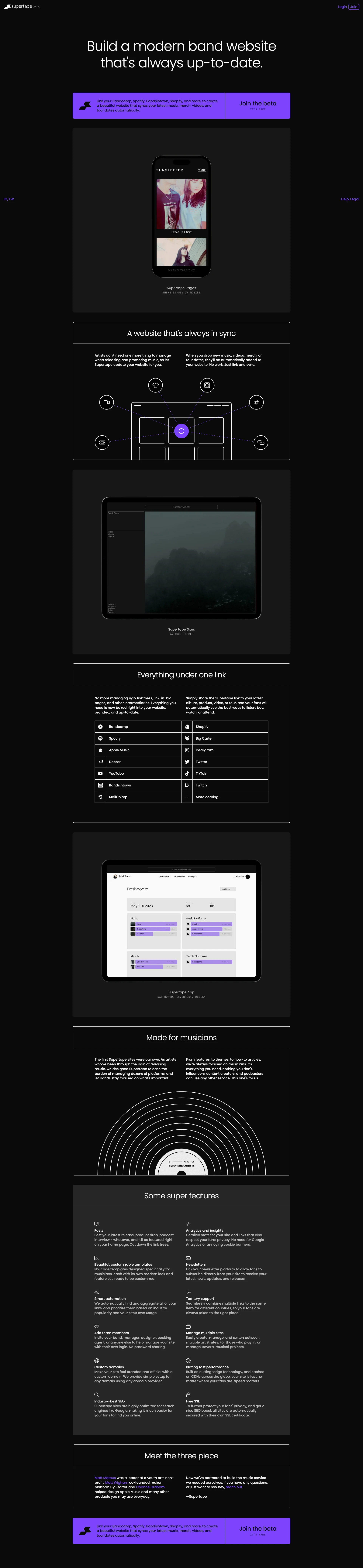 Supertape Landing Page Example: Supertape is a modern band website builder for working musicians.