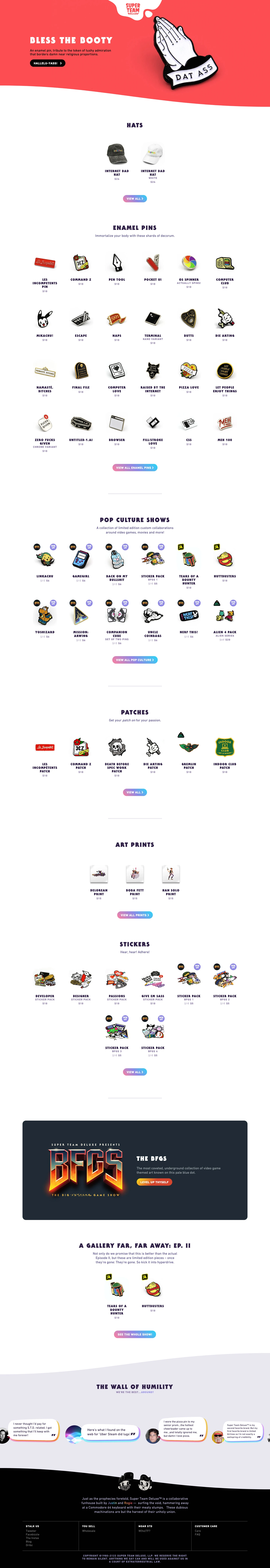 Super Team Deluxe Landing Page Example: Funny enamel pins, patches and artwork focusing on design, art, nerdery, computers, sci-fi, movies and more.