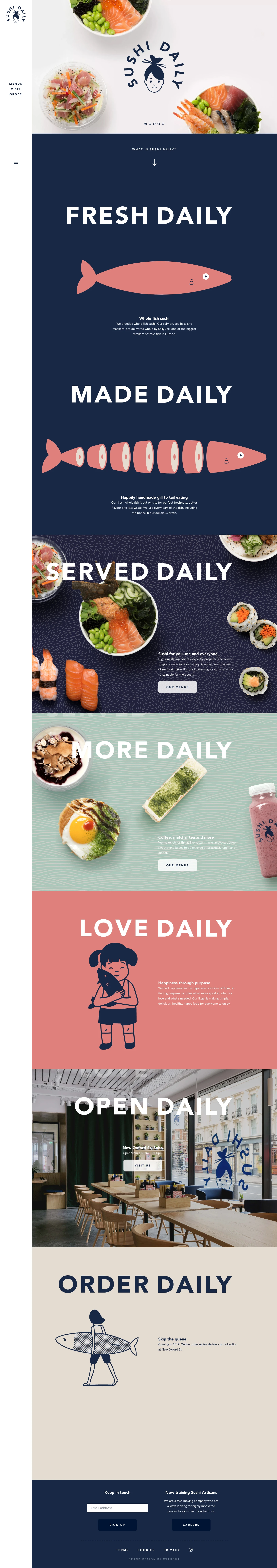 Sushi Daily Landing Page Example: The freshest sushi, hand crafted daily by sushi artisans.