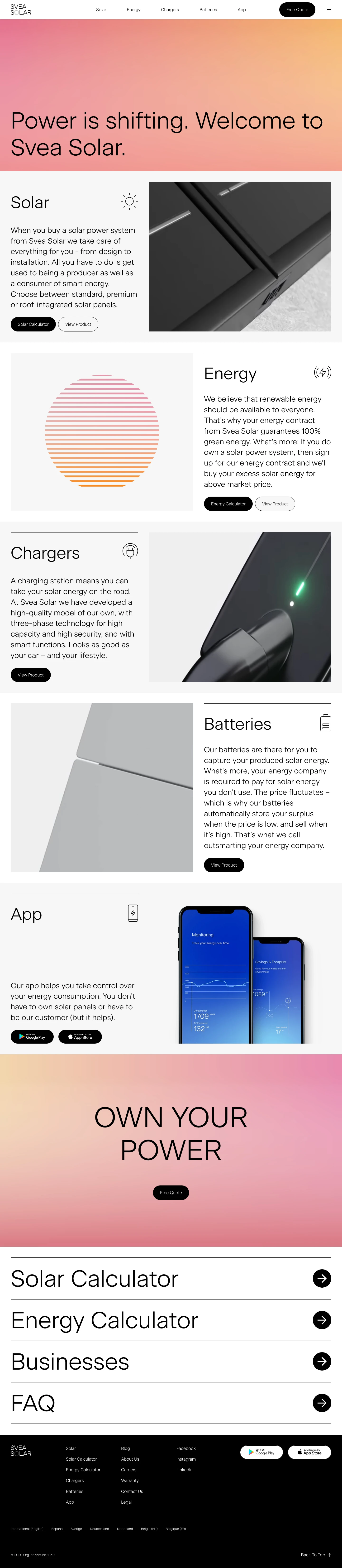 Svea Solar Landing Page Example: Svea Solar is leading a power shift to sustainable energy consumption with solar panel energy systems, batteries, car chargers, sustainable energy contracts, and smart energy management.