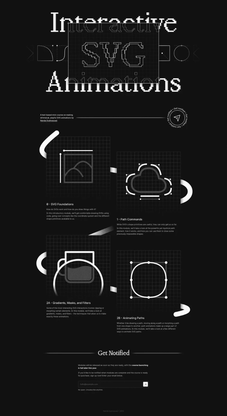 SVG Animations Landing Page Example: An interactive mini-course on creating SVG animations by Nanda Syahrasyad.
