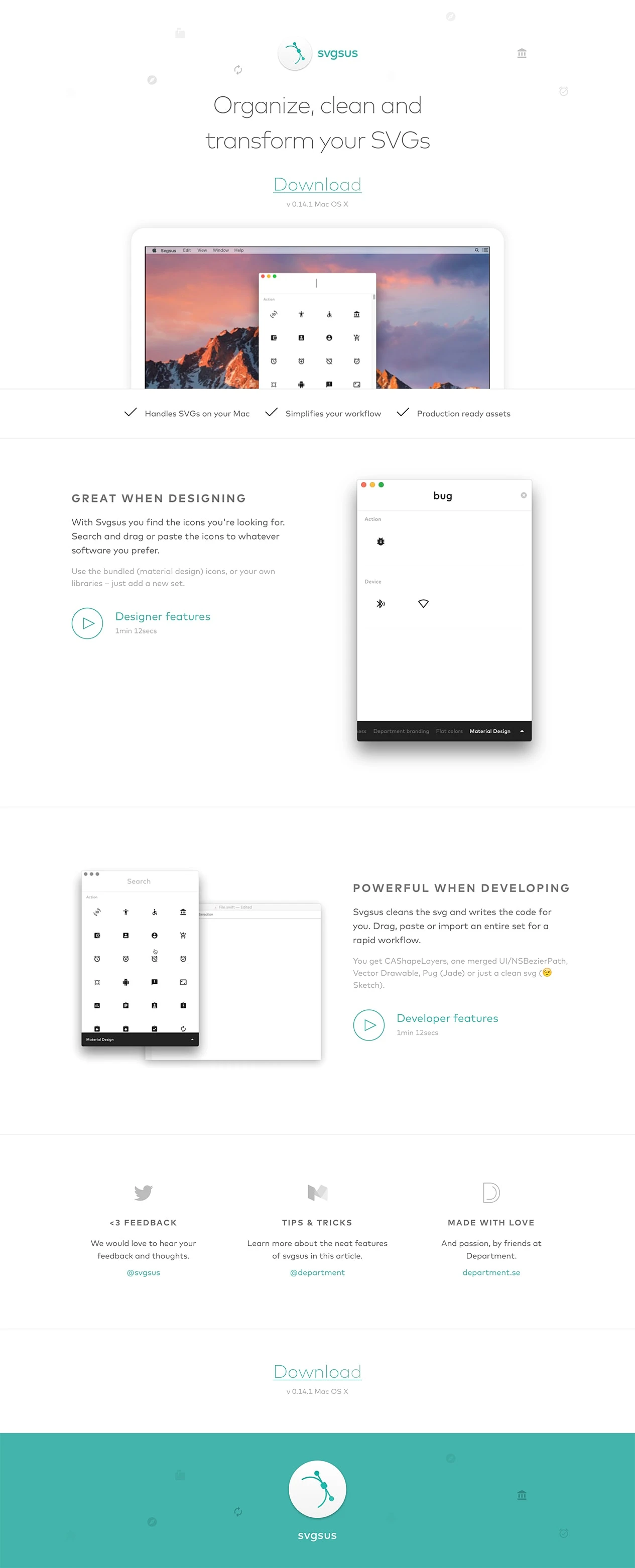 Svgsus Landing Page Example: Svgsus is the perfect tool to organize, clean and transform svgs into code. Let's make SVGs great again.