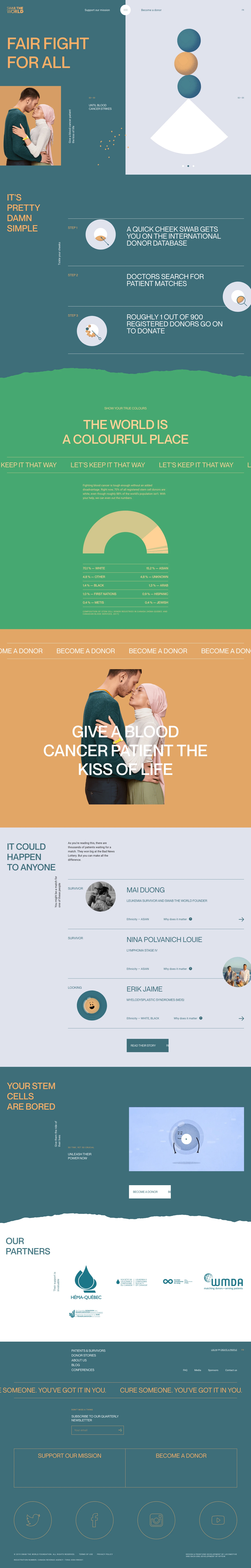 Swab The World Landing Page Example: We aim to boost the ethnic diversity of stem cell and bone marrow donors worldwide.