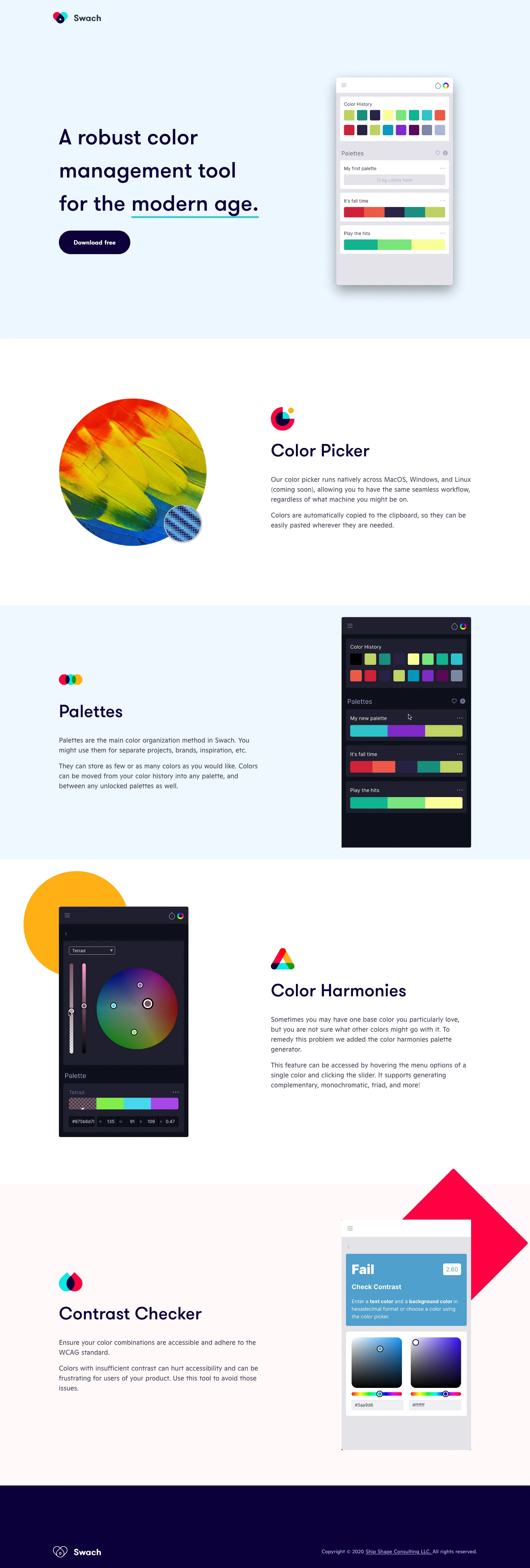 Swach Landing Page Example: A robust color management tool for the modern age.