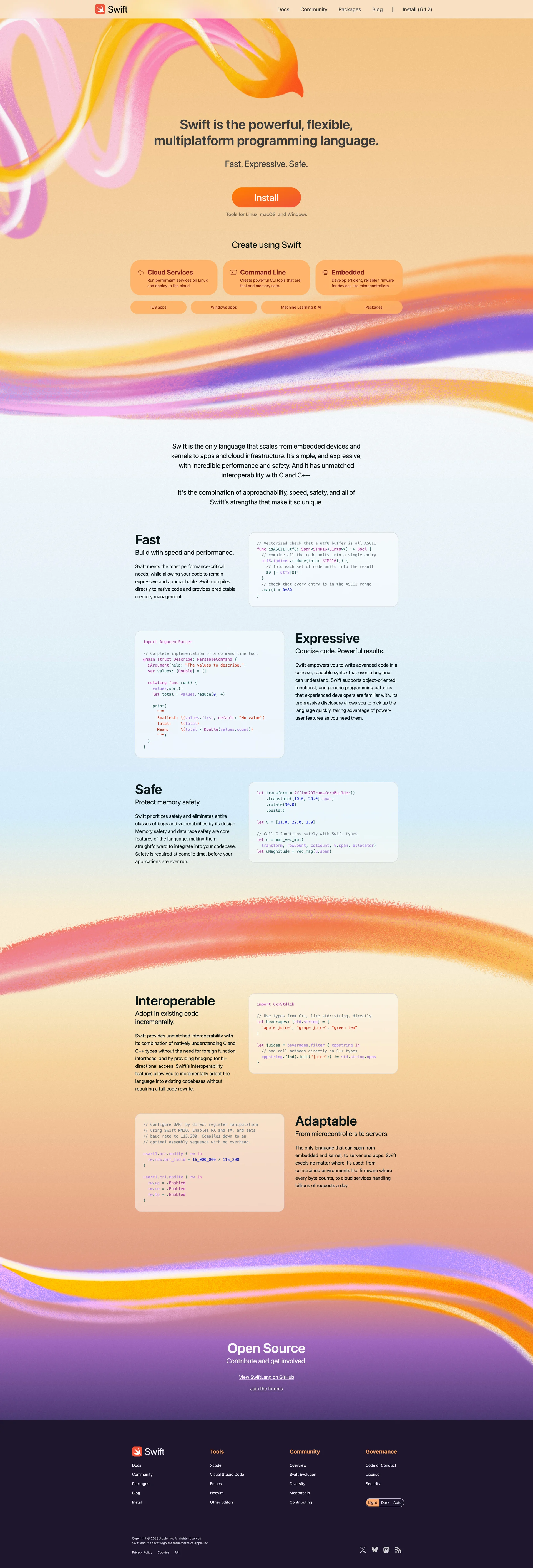 Swift Landing Page Example: Swift is the powerful, flexible, multiplatform programming language. Swift is a general-purpose programming language built using a modern approach to safety, performance, and software design patterns.