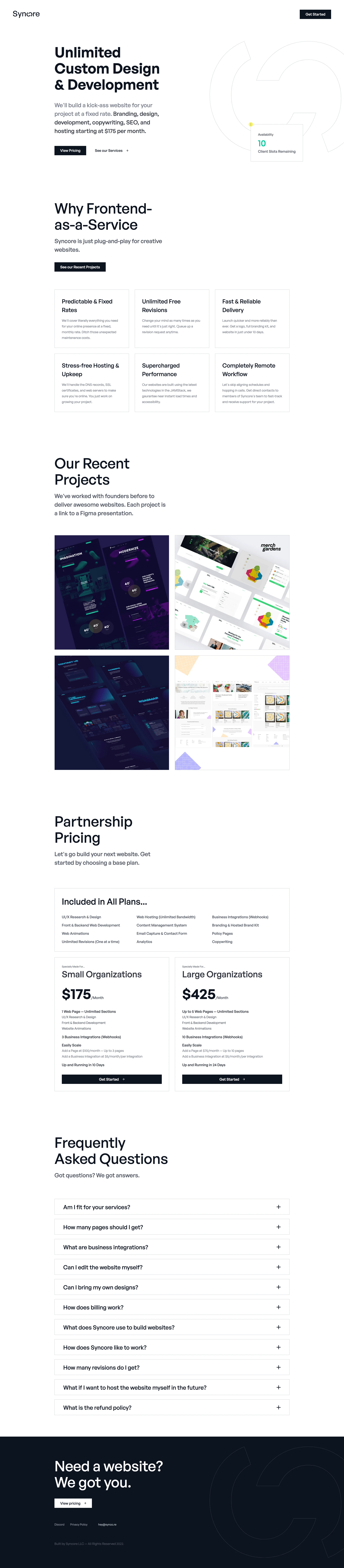 Syncore Landing Page Example: Unlimited Custom Design & Development. We'll build a kick-ass website for your project at a fixed rate.