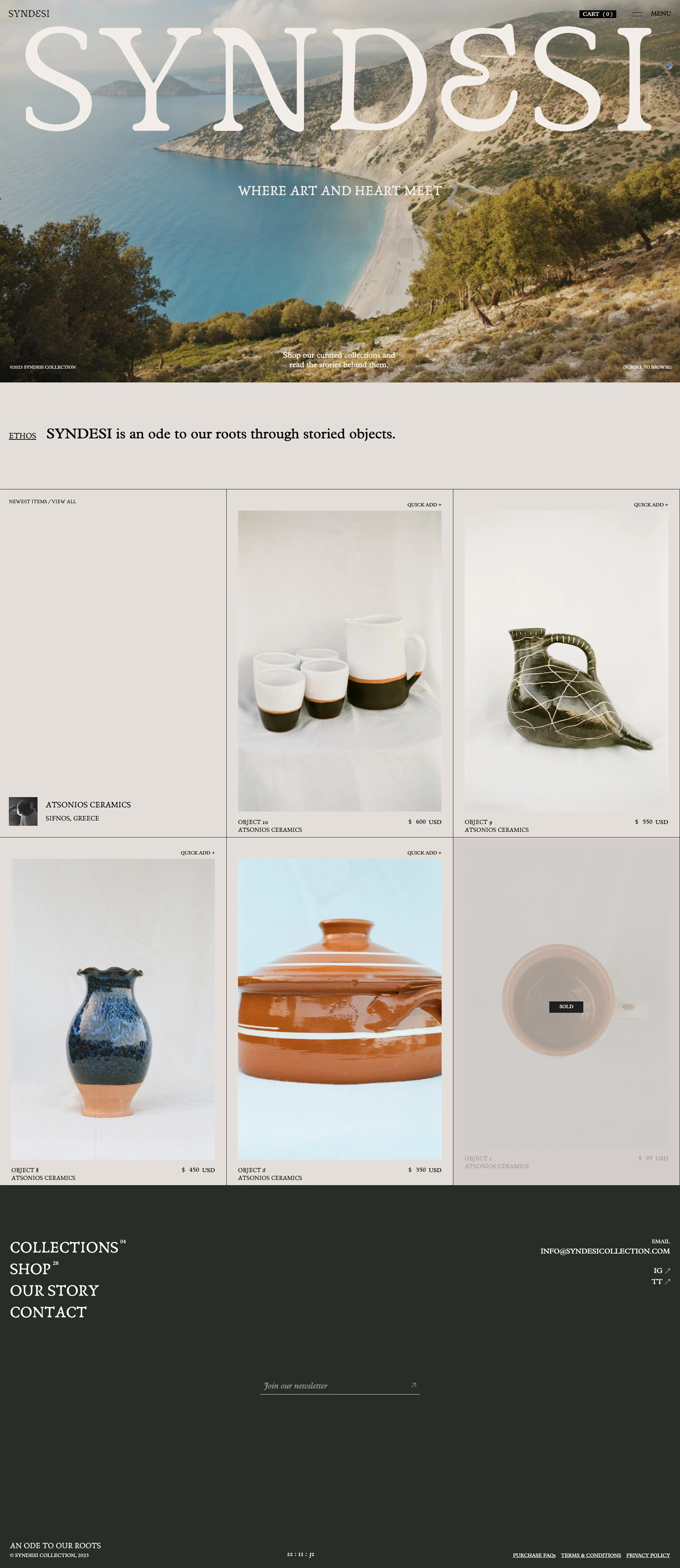 Syndesi Collection Landing Page Example: Syndesi, Greek for connection sells handmade, one-of-a-kind artwork for your home, rooted in love and tradition.