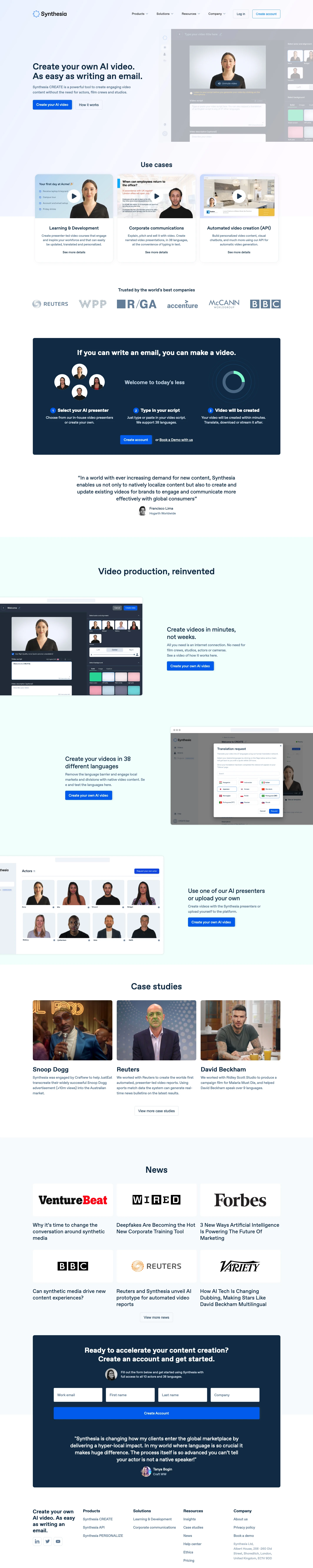Synthesia Landing Page Example: Create your own AI video. As easy as writing an email. Synthesia CREATE is a powerful tool to create engaging video content without the need for actors, film crews and studios.
