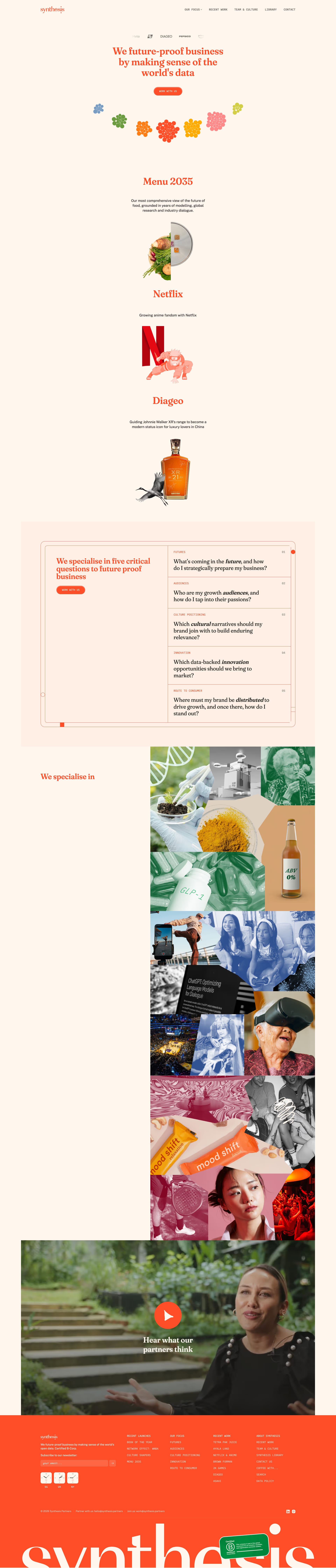 Synthesis Landing Page Example: At Synthesis, we work with partners like Nike, PepsiCo and Airbnb to help them identify opportunities for the future with open data insights.