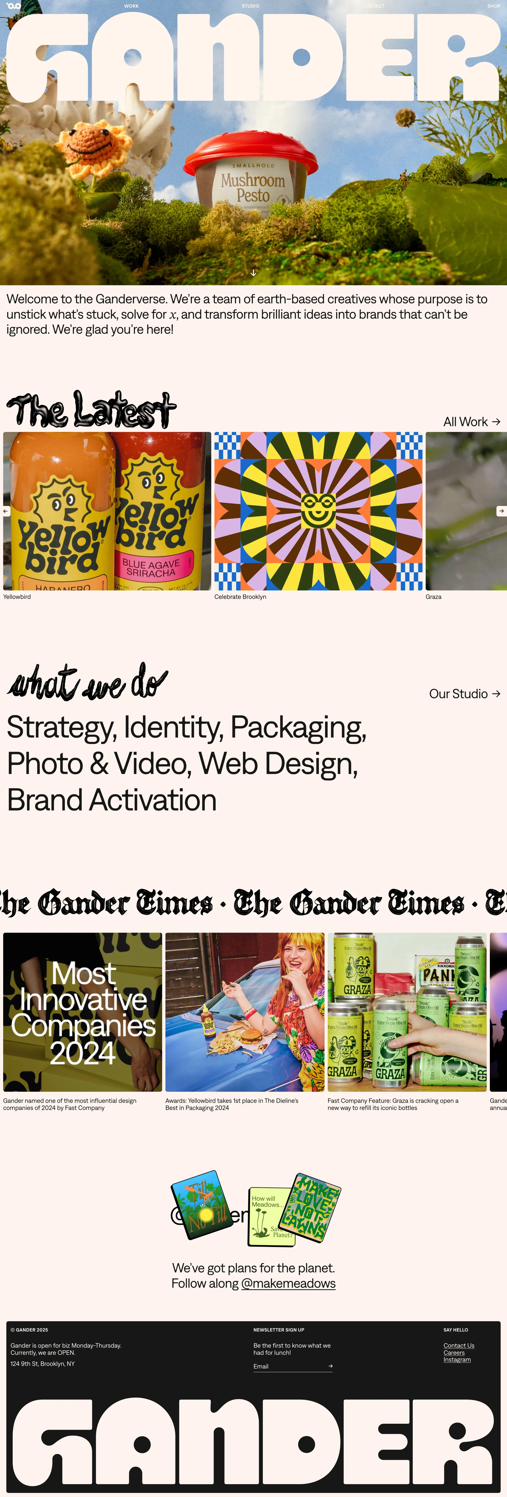 Gander Landing Page Example: Gander is an award-winning branding and graphic design studio based in New York City. We create thoughtful experiences for humans and propel brands with soul and substance. We specialize in branding, packaging, web design, and art direction.