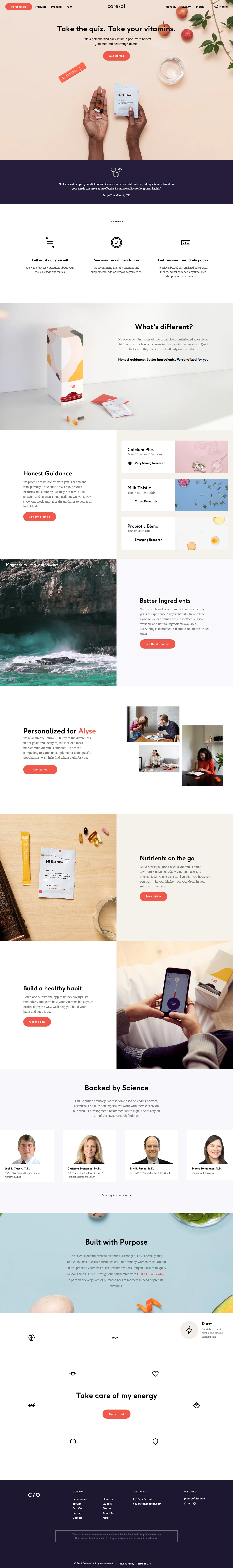 care/of Landing Page Example: Get vitamins and supplements for your health goals and diet, made from the best ingredients, shipped to you each month.