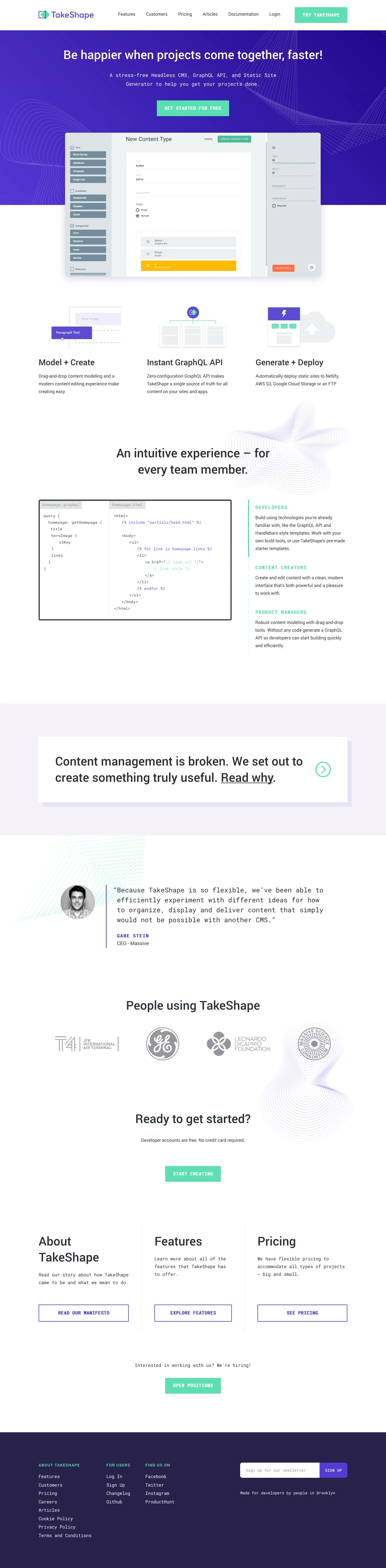 TakeShape Landing Page Example: A cms for static website sites with a graphql api and static site generator. Save time and don't worry about your cms backend ever again. Get start with a FREE developer account!