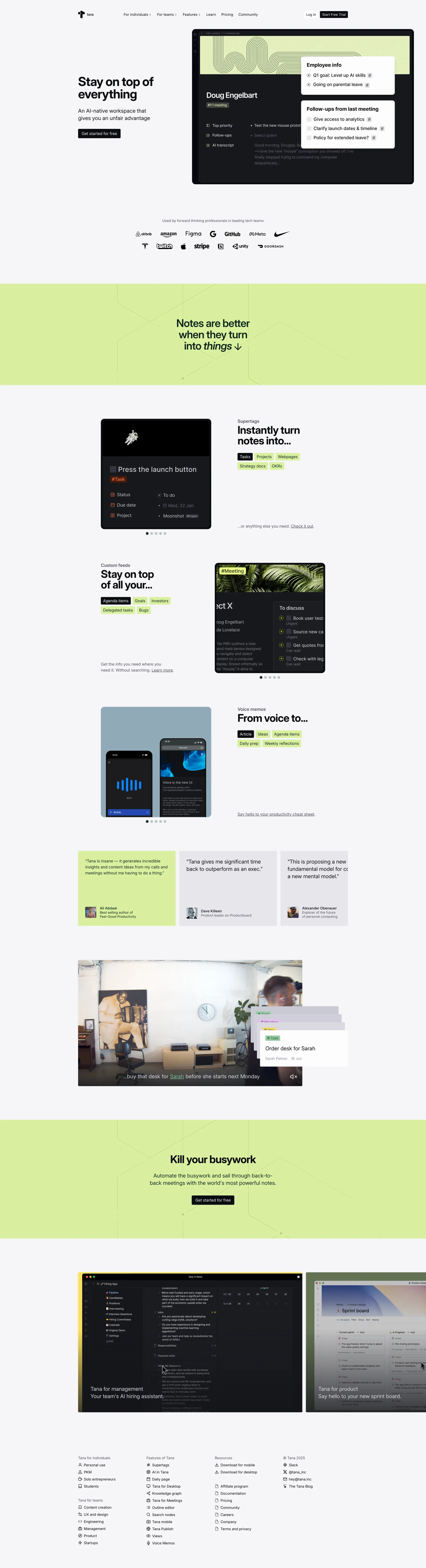 Tana Landing Page Example: Stay on top of everything. An AI-native workspace that gives you an unfair advantage.