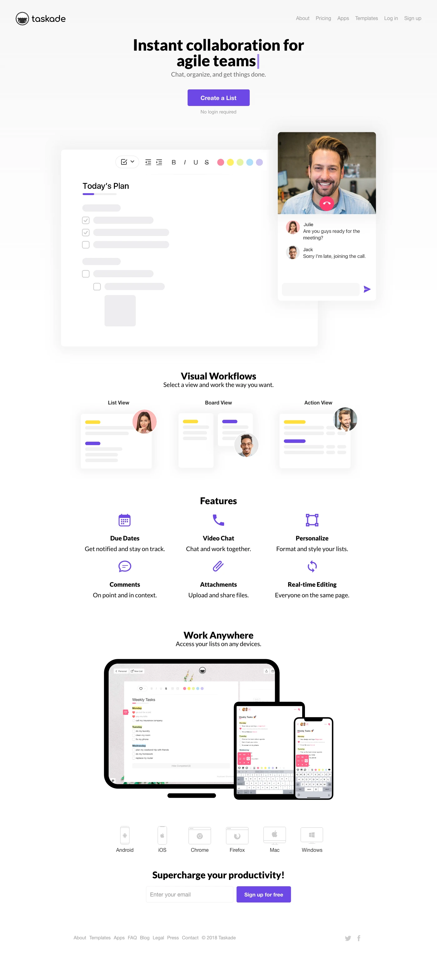 Taskade Landing Page Example: Taskade is a visual workspace for your team. Organize projects, flow chart, and bullet journal online. Maximize your team productivity with Taskade.