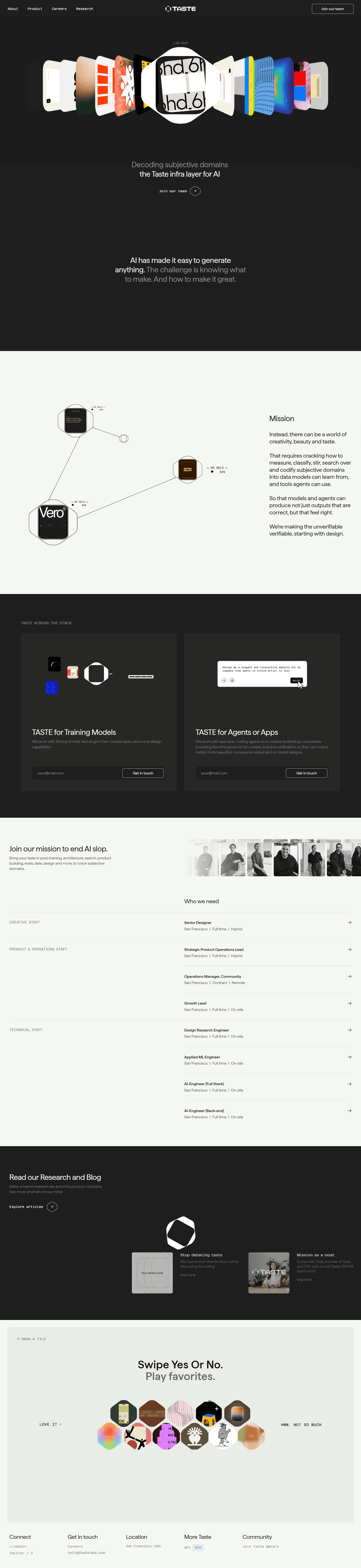 Taste Labs Landing Page Example: We're giving AI models and agents taste | Join our mission to end AI slop.