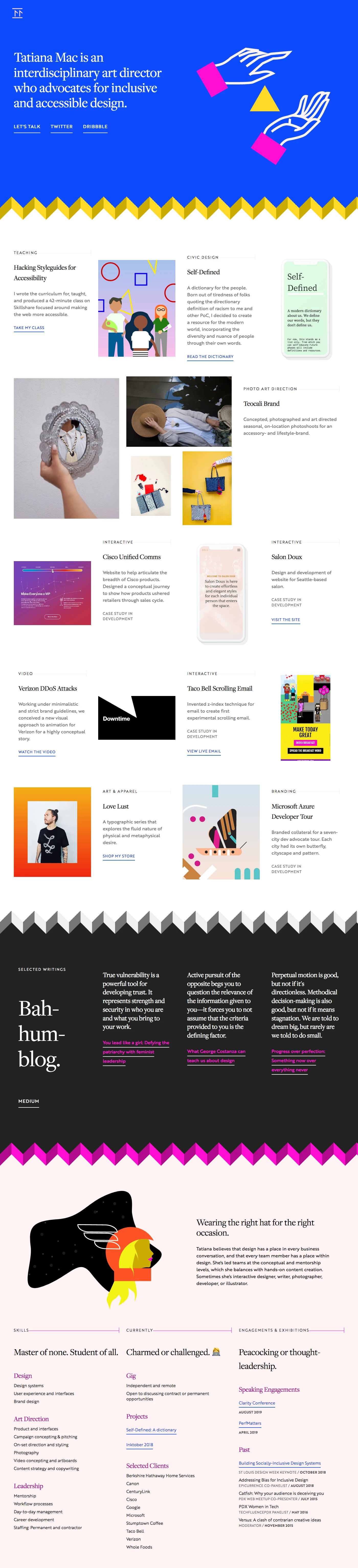 Tatiana Mac Landing Page Example: Tatiana Mac is an interdisciplinary art director who advocates for inclusive and accessible design.