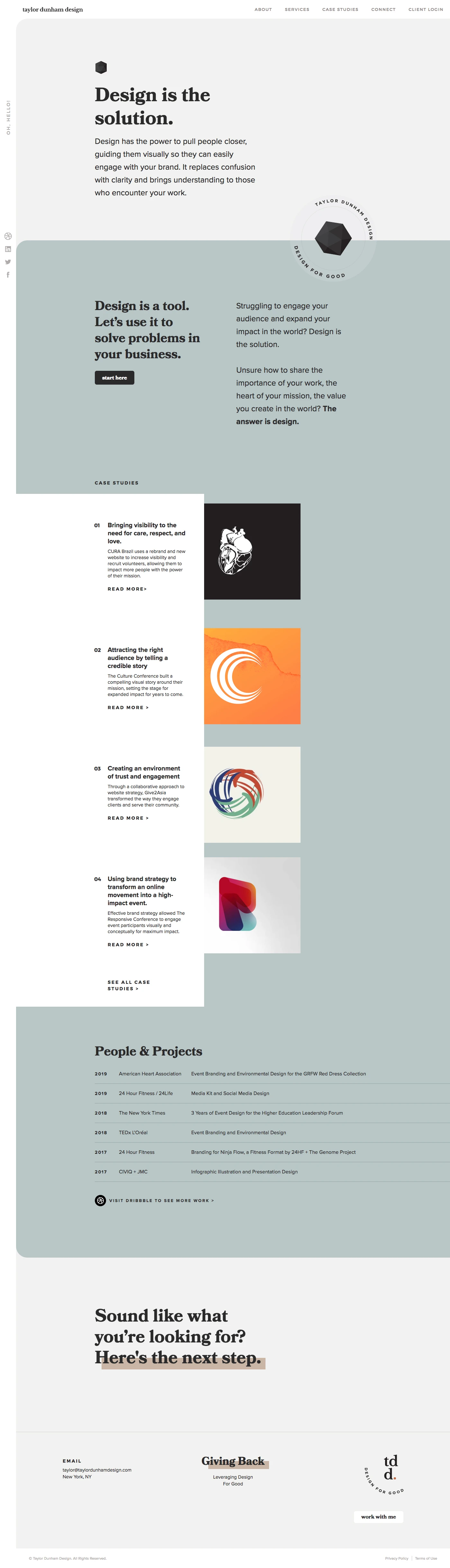 Taylor Dunham Design Landing Page Example: Taylor Dunham uses design services to solve problems and build engagement for brands with a purpose greater than simple profitability.