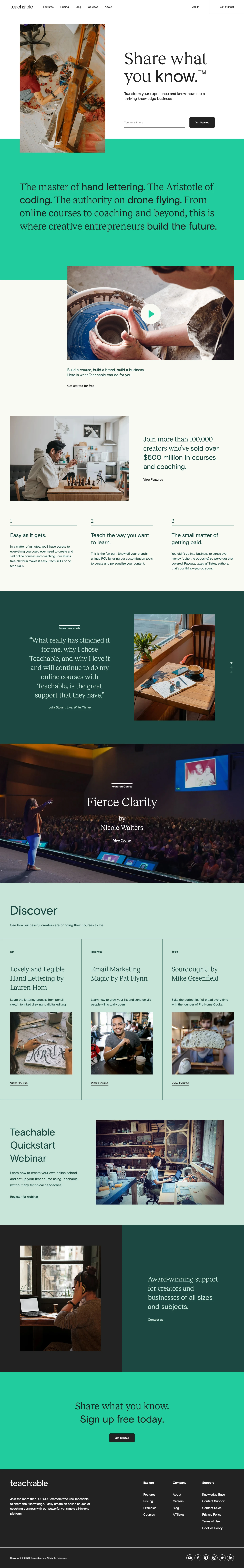 Teachable Landing Page Example: Share what you know. Transform your experience and know-how into a thriving knowledge business.