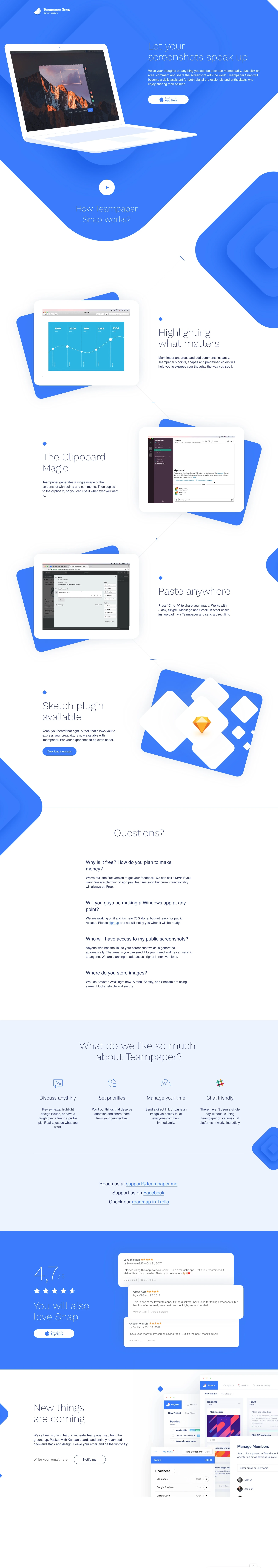 Teampaper Snap Landing Page Example: Voice your thoughts on anything you see on a screen momentarily. Just pick an area, comment and share the screenshot with the world. Teampaper Snap will become a daily assistant for both digital professionals and enthusiasts who enjoy sharing their opinion.