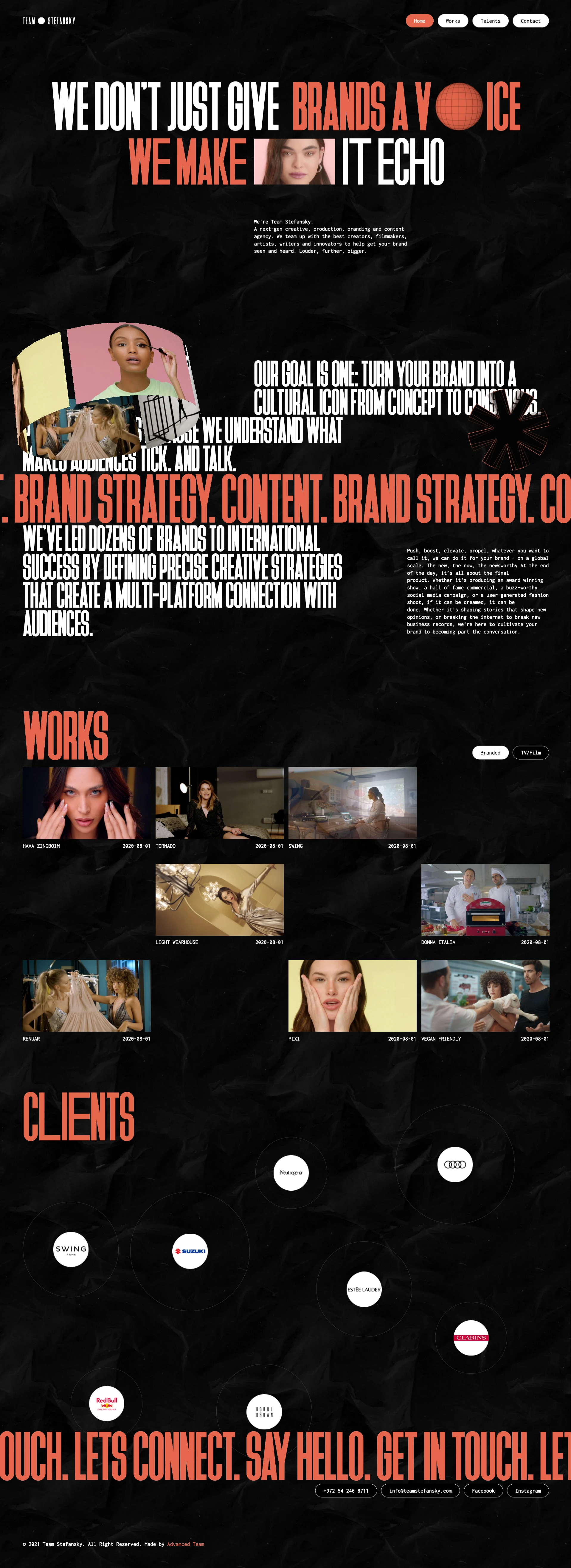 Team Stefansky Landing Page Example: We're Team Stefansky.  A next-gen creative, production, branding and content agency. We don’t just give brands a voice.  We make it echo.