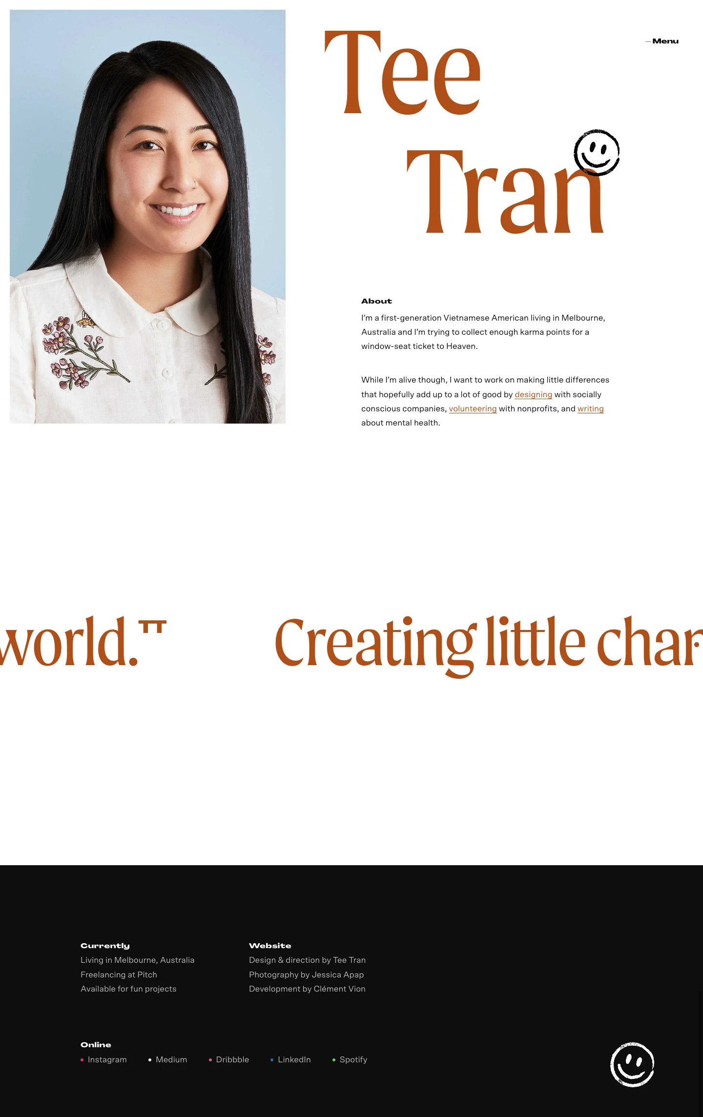 Tee Tran Landing Page Example: Vietnamese American visual designer freelancing remote from Melbourne, Australia. I like sloths.