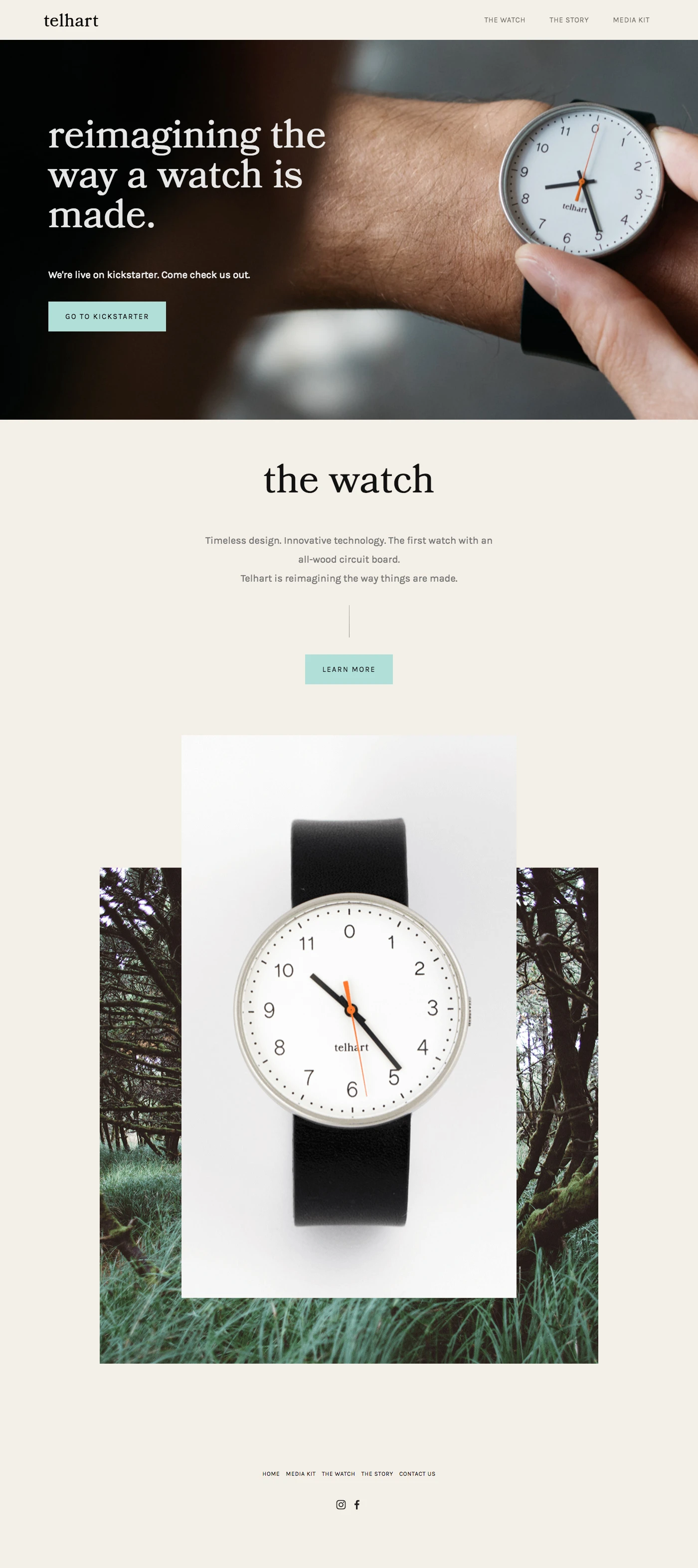 telhart Landing Page Example: Timeless design. Innovative technology. The first quartz watch with an all-wood circuit board. Telhart is reimagining the way things are made.