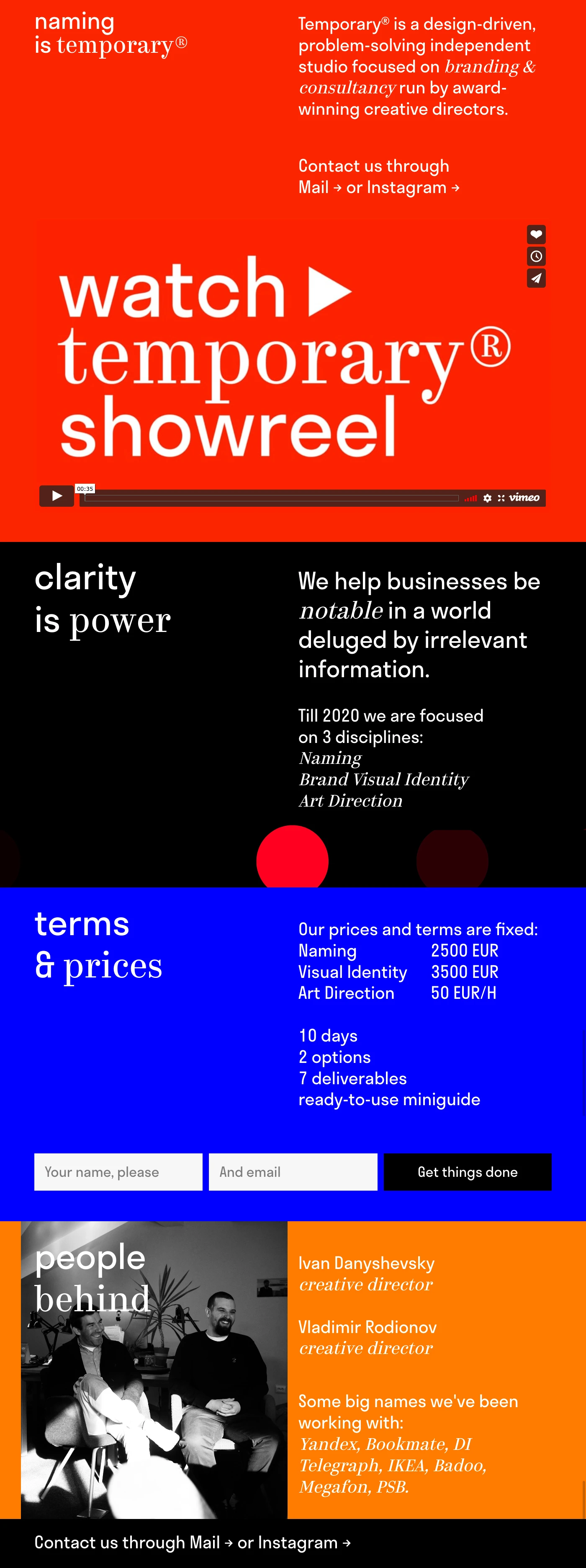 Temporary Studio Landing Page Example: Temporary is a design-driven, problem-solving independent studio focused on branding & consultancy run by award-winning creative directors.