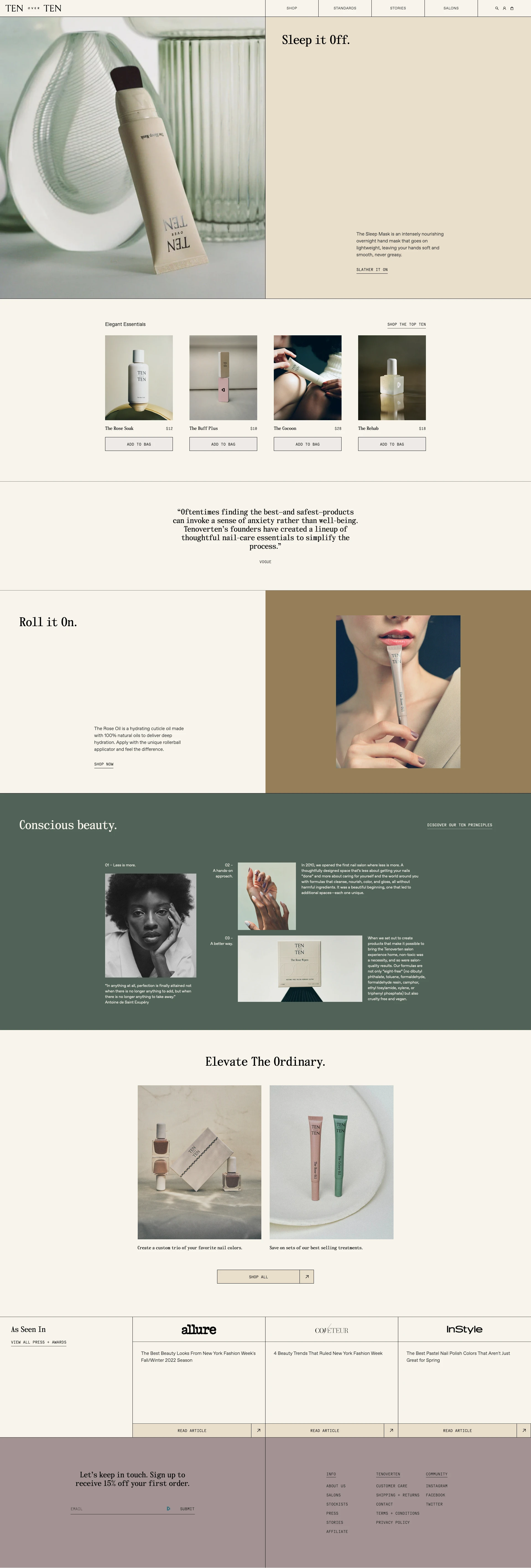 TenoverTen Landing Page Example: Hand, foot, and nail care essentials made better. Our products are not only 8-free, but also cruelty free and vegan. Shop non-toxic nail color and clean skincare from TenoverTen.