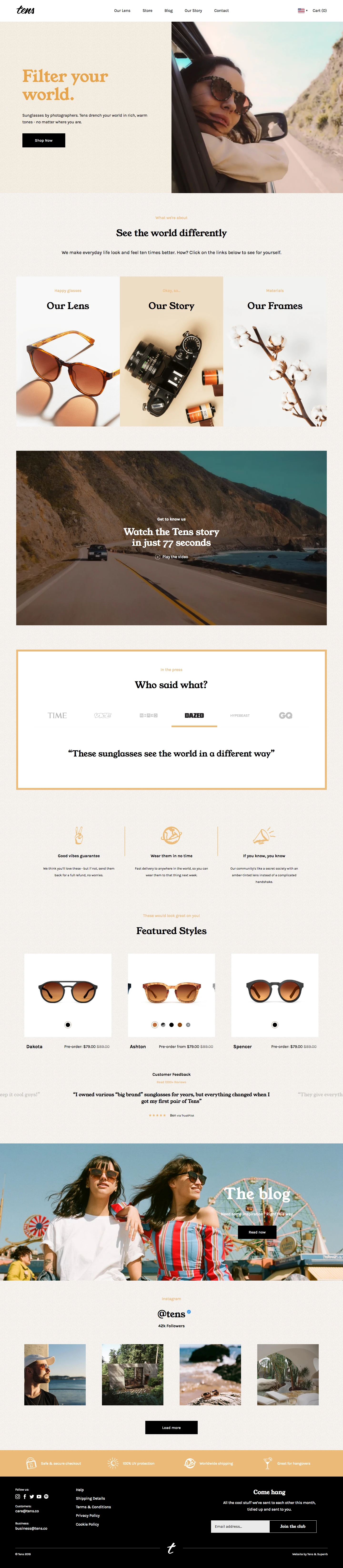 Tens Sunglasses Landing Page Example: Sunglasses by photographers. Tens drench your world in rich warm tones ~ no matter where you are. As featured by TIME, Wired, GQ and more.