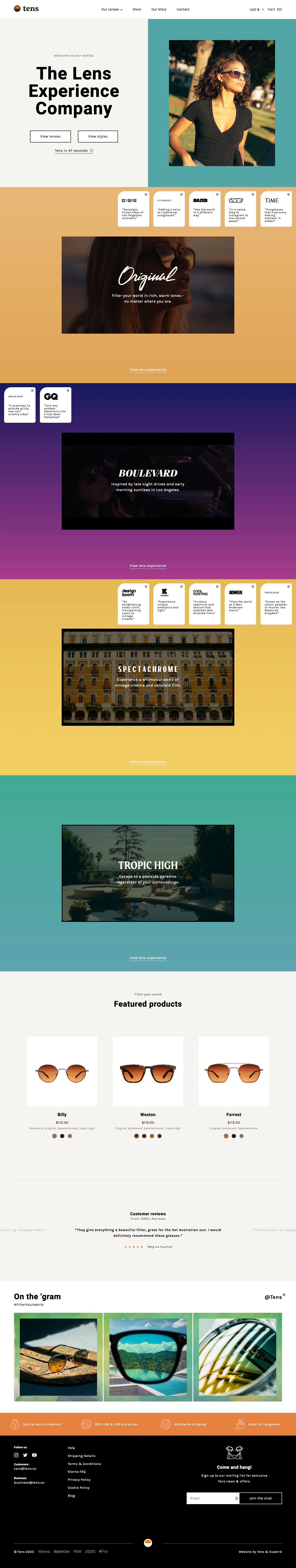 Tens Landing Page Example: Sunglasses by photographers. Tens drench your world in rich, cinematic tones ~ no matter where you are. As featured by TIME, Wired, GQ and more.