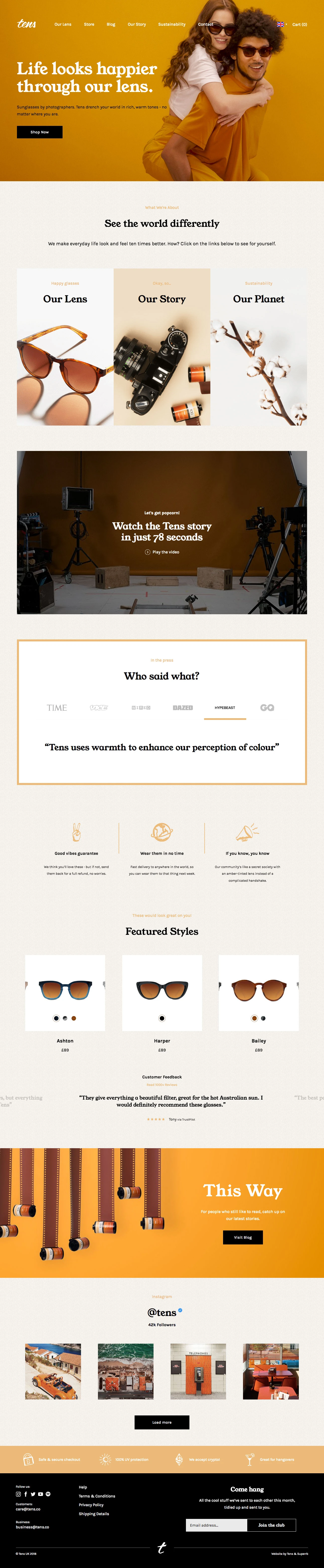 Tens Landing Page Example: Sunglasses by photographers. Tens drench your world in rich warm tones ~ no matter where you are. As featured by TIME, Wired, GQ and more.