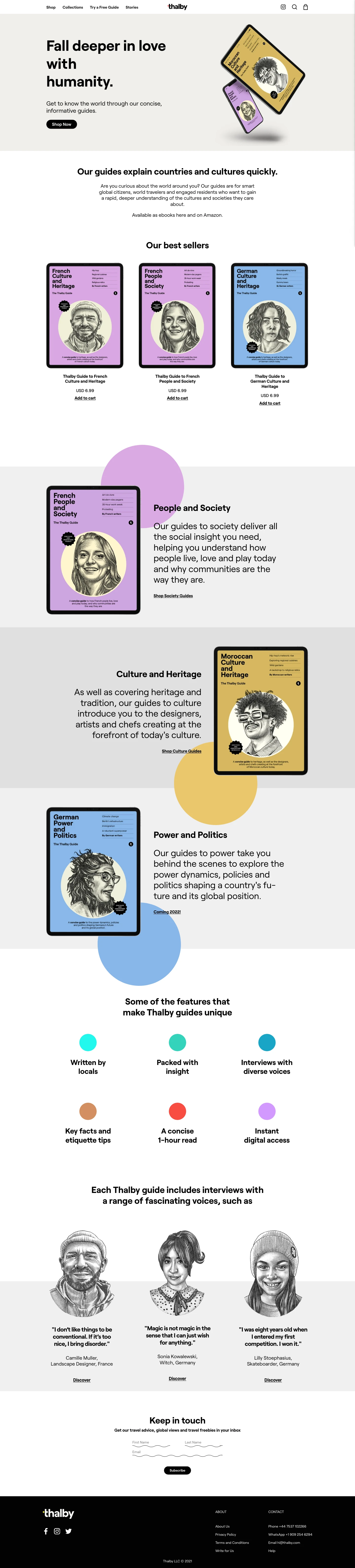 Thalby Guides Landing Page Example: Fall deeper in love with humanity. Get to know the world through our concise, informative guides. Our guides explain countries and cultures quickly.