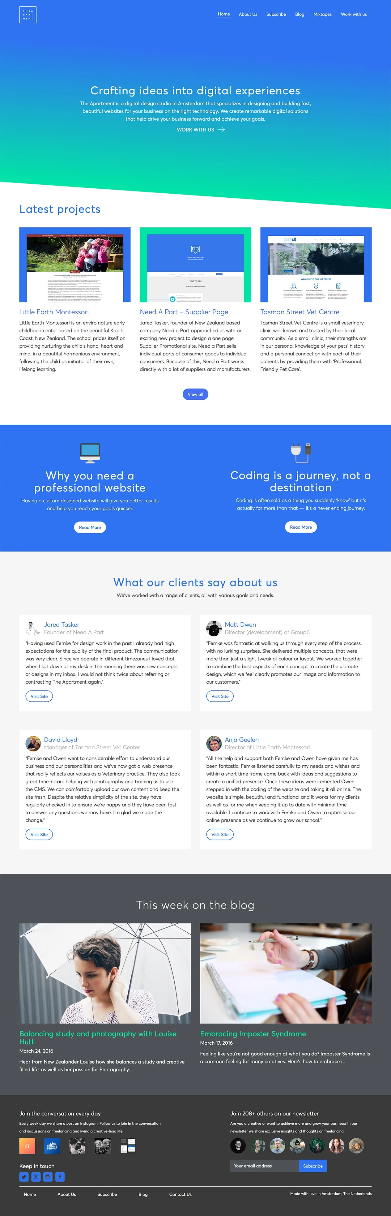 The Apartment Landing Page Example: A digital design and web dev studio specializing in beautiful, speedy websites. We're based in Amsterdam, The Netherlands, but work with global clients.