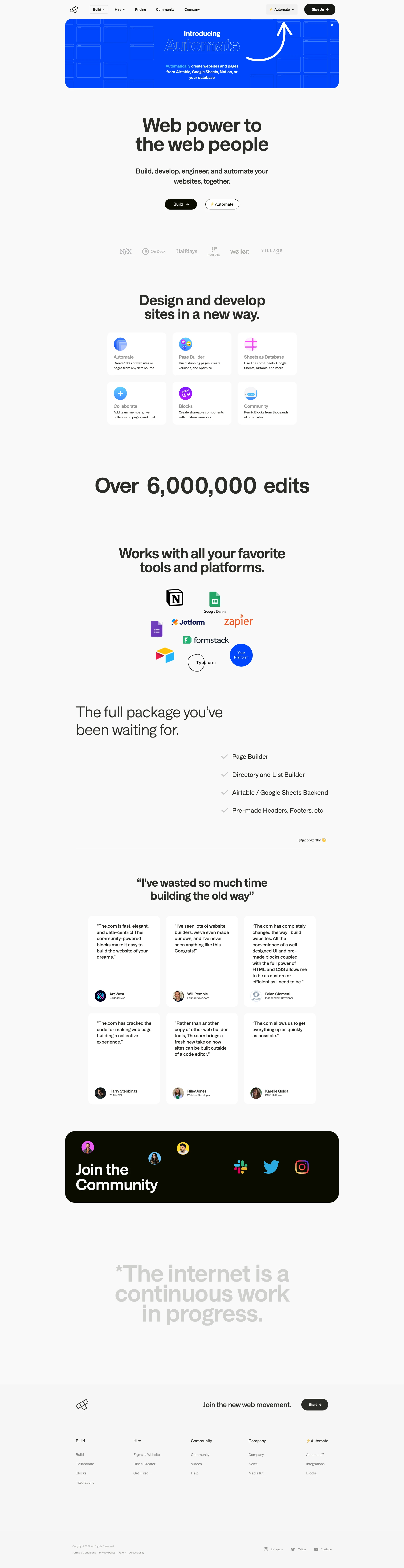 The.com Landing Page Example: The.com is a low-code site builder and development platform with a community-created marketplace where creators share website Blocks.