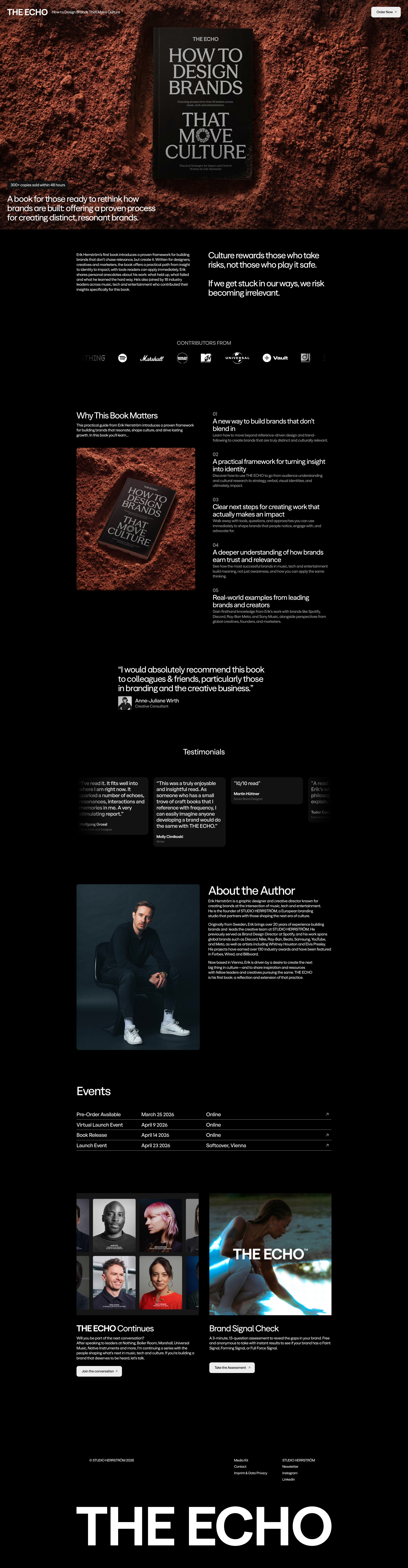 THE ECHO Landing Page Example: A book for those ready to rethink how brands are built: offering a proven process for creating distinct, resonant brands.