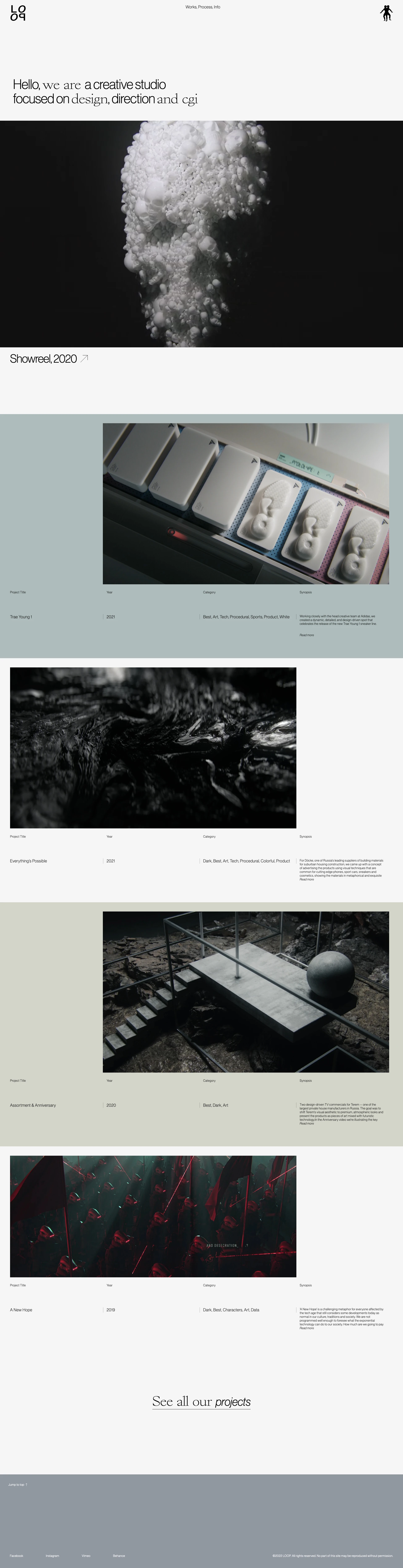 Loop Landing Page Example: Loop is a multidisciplinary award winning studio specializing in creative and art direction, visual storytelling and motion design.