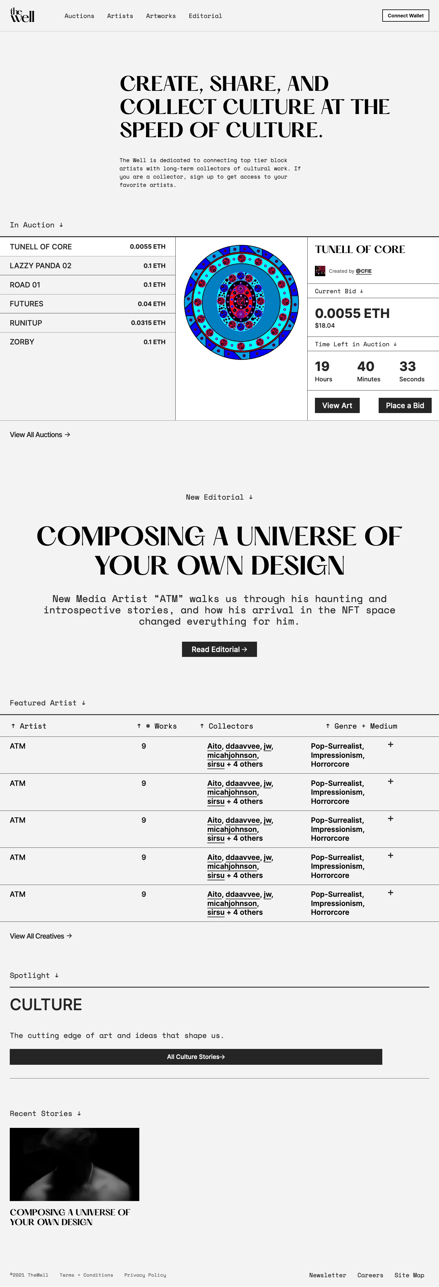The Well Landing Page Example: The Well is dedicated to connecting top tier block artists with long-term collectors of cultural work. 