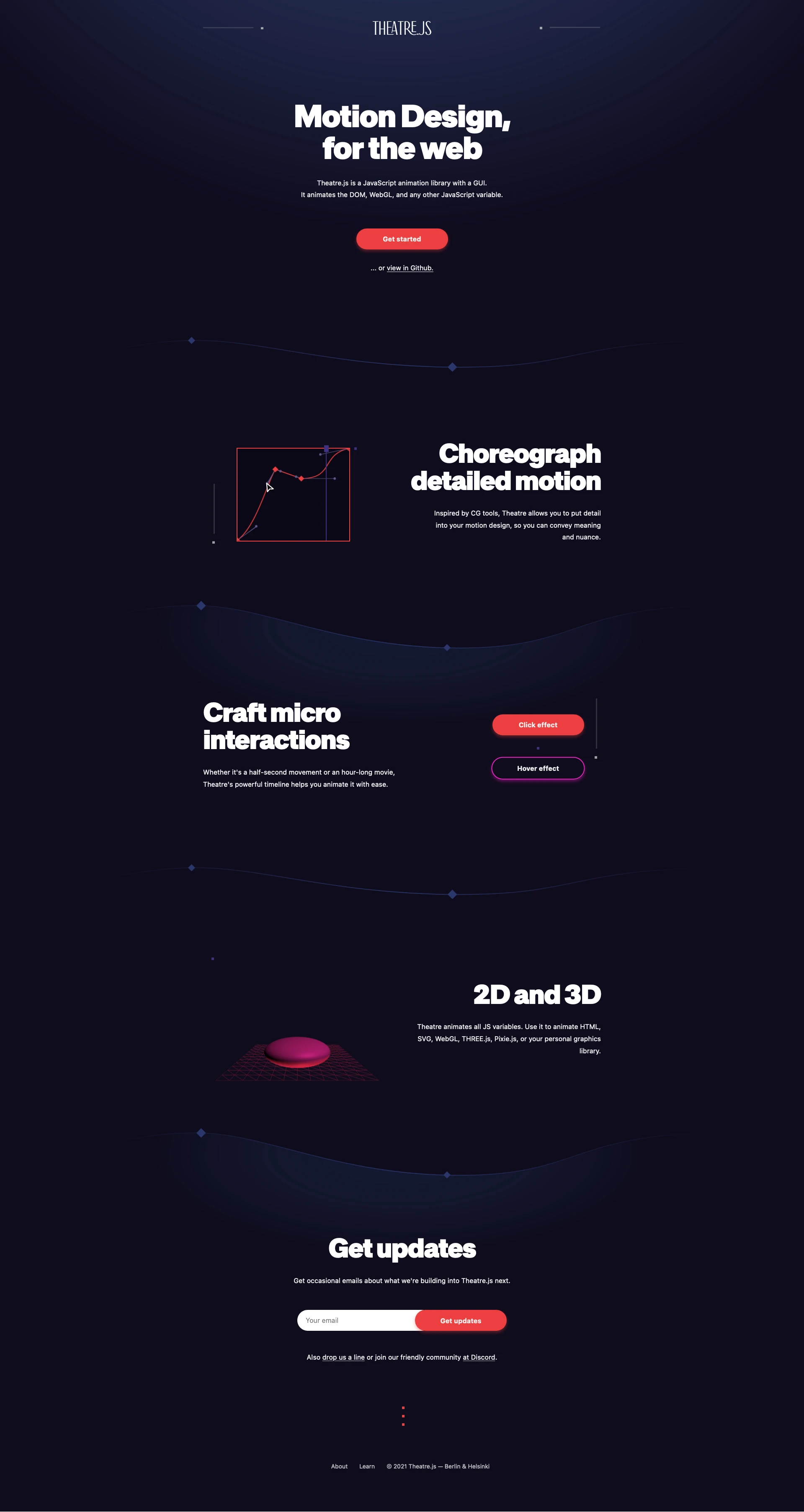 Theatre.js Landing Page Example: Motion design, for the web. Theatre.js is a JavaScript animation library with a GUI. It animates the DOM, WebGL, and any other JavaScript variable.