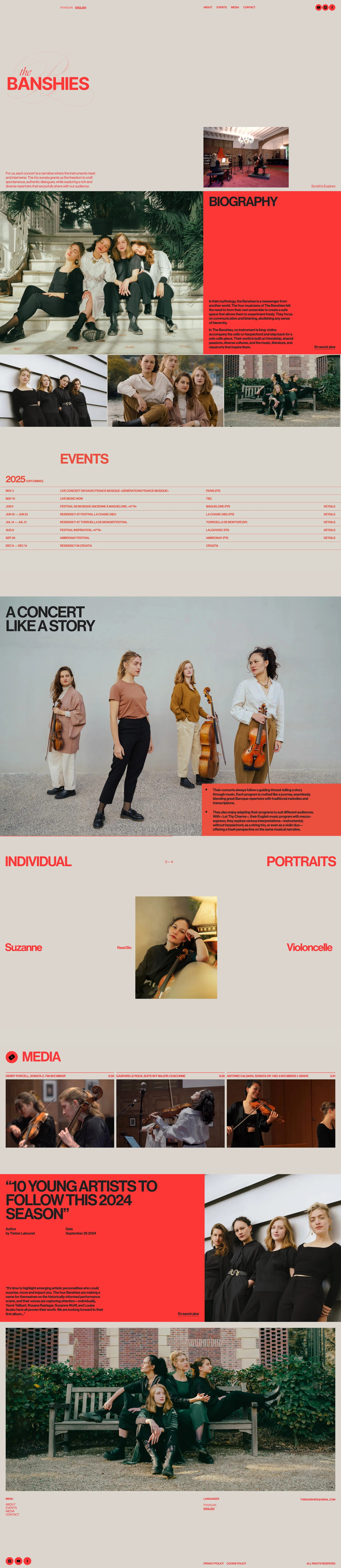 The Banshies Landing Page Example: Discover The Banshies, a unique baroque quartet that blends classical music and rock, inspired by Irish folklore and baroque traditions.