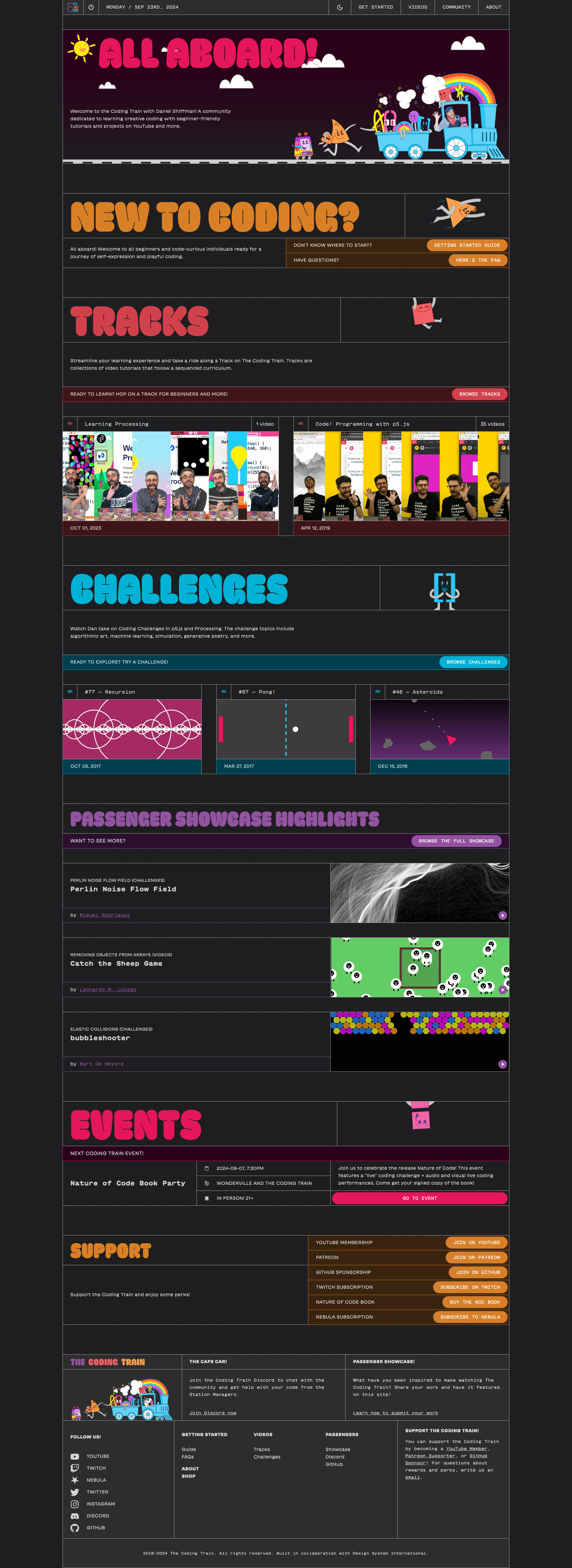 The Coding Train Landing Page Example: Welcome to the Coding Train with Daniel Shiffman! A community dedicated to learning creative coding with beginner-friendly tutorials and projects on YouTube and more.